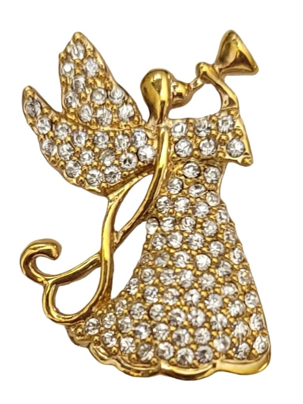 Monet Gold Tone Clear Rhinestone Angel Brooch Pin, Signed K442